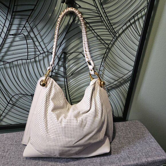 BCBGMaxAzria Cream Buttery Soft Perforated Leather Shoulder Bag, Gold Hardware - Picture 2 of 16